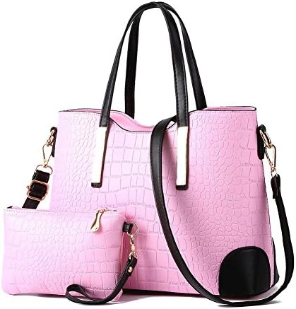 PU Leather High Capacity Crocodile Pattern Women Day Clutch Handbag Plus Wallet Set of 2 Pink