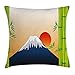 Produktbild Nature Throw Pillow Cushion Cover, Snowy Mountaintop Fuji at Sunrise Japanese Framework with Bamboo Tree, Decorative Square Accent Pillow Case, 18X18 inches, Green Navy Blue Orange