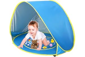 KBIBCK Strandmuschel Pop Up, Pop Up Strandzelt mit UV Schutz, Baby Strand Zelt mit Mini Pool, Tragbar Pop Up Baby Strandzelt mit Tragetasche und Zeltpflöcke für Kleinkinder, Picknick,Garten (Hellblau)