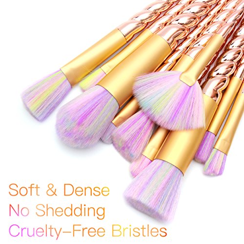 Qivange Makeup Pinselset Einhorn Schminkpinsel Foundation Lidschatten Blending Pinsel Pulver Concealer Kontour fächerförmige Pinselset (10pcs, Gold) - 2