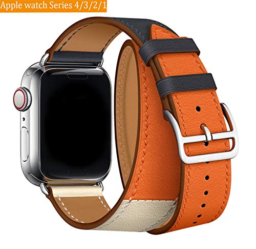 Vandarui Compatible con para Watch Correa 42mm,Doble Tour Correa Cuero Genuino de Primera Calidad,Reemplazo Clásico para Watch 42mm Series 3/2/1 (42mm, Doble Tour Naranja)