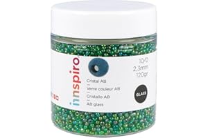 INNSPIRO Rocalla de vidrio redonda aurora boreale verde 2,3mm. 120gr. Bote. Para crear pulseras y collares, ideal para manualidades y joyas con niños. Cuentas semilla.