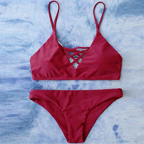 Damen Bikini-Set Internet Triangle Bikini Set Bandage Push-Up Badeanzug (M, rot) - 2
