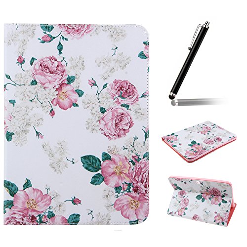 Samsung Galaxy Tab 4 10.1 Hülle,Ukayfe Weiß Pink Rose Blumen Painted Schutzhülle fur Samsung Galaxy Tab 4 10.1 SM-T530 Ledertasche Lederhülle Smart Case Cover,[Bunt Muster Design] Kunstleder Tasche PU Leder Schutzhülle Brieftasche Etui Schale Hülle for Samsung Galaxy Tab 4 (10.1 Zoll) SM-T530 mit 1 x Schwarze Eingabestift