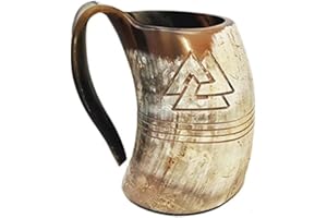 CRAFT CREATOR Bull Horn Odin Mug naturel Drinking Horn 8 pouces avec gravure Tankard Horn Tasse à bière Viking Tankard faite de taureau Horn