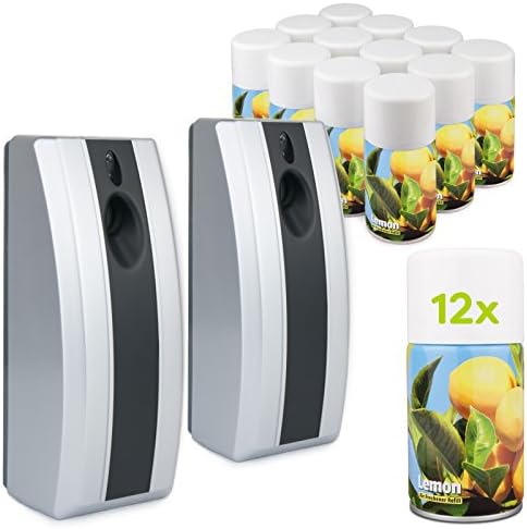 Complete Starter Set - 2 Automatic Air Fresheners & 12 Lemon Aerosol Refill Cans - Commercial Toilet (Silver)
