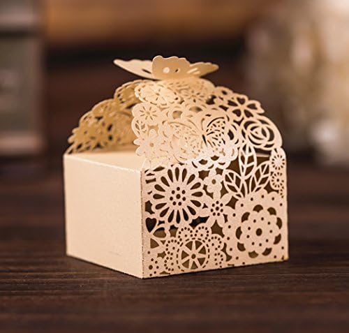 KAZIPA 50pcs Laser Cut Flower Candy Boxes,4cm x 6.5cm x 6.5cm Gift Boxes for Anniverary Party Wedding Favor(Ivory)