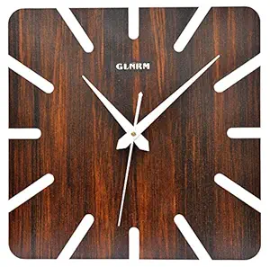 GLNRM Square Shape Wooden Wall Clock for Home, Office, Living Room, Bed Room, Kids Room, Kitchen (Brown)
