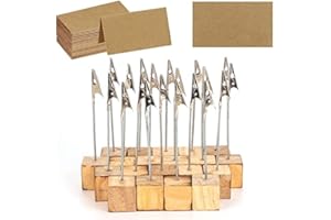 STORMSHOPPING 20 Pcs Rustic Wood Place Card Holders with Memo Clips and 30 Pcs Kraft Place Cards, Wooden Table Number Holder Stand Photo Picture Note Clip Holders for Wedding Party Name Sign - Cube Base