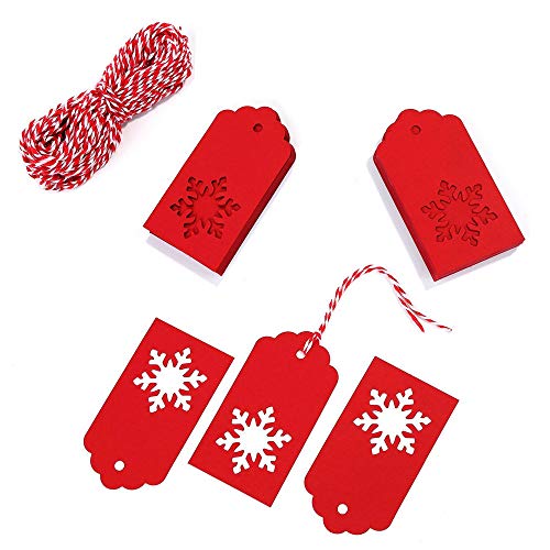 Gift Tags Christmas Tags Paper Tags Kraft Hang Tags 100 Pcs Snowflake Shape DIY Tags with 10m Jute Twine for Christmas Wedding Party DIY Arts Crafts Decoration - Red