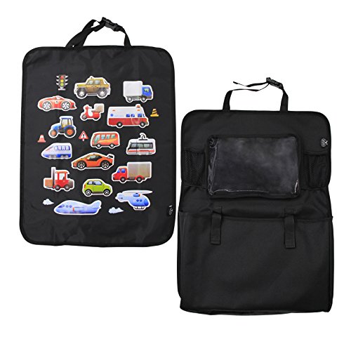 BAYTTER® Rücksitzschoner Rückenlehnenschutz + Rücksitz Organizer mit großer Kapazität, mit durchsichtigem iPad Tablet Fach, für Kinder Früherziehung wasserdicht, mit Mustern von „Wagen“, 60 x 45cm, passend für jedes Auto - 2