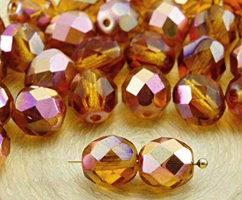 20pcs Crystal Yellow Topaz Metallic Capri Rose Gold Half Round Faceted Fire Polished Spacer Czech Glass Beads 8mm