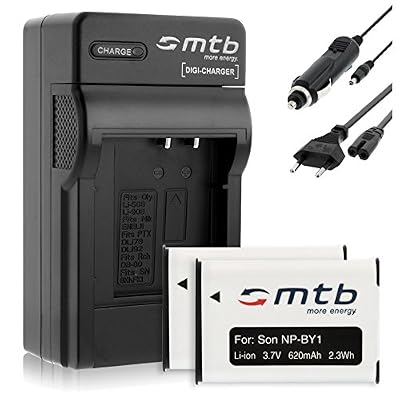 mtb 2x Batteries + Chargeur (Auto/Secteur) NP-BY1 NPBY1 pour Sony HD Action Cam Mini AZ1 avec Wi-Fi / HDR-AZ1 (KIT), AZ1VR [Li-Ion / 3.6V / 620mAh]