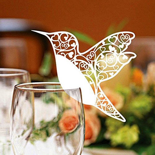 Tischkarten, 50 Stück, Laser-geschnitten, Elfenbeinfarbene Kolibri-Tischkarten für Weinglas