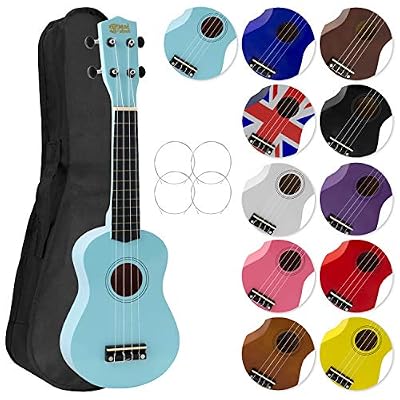 Mad About Ukulélé soprano bleu clair avec sac de transport, ficelles et cordes de rechange - Idéal pour les écoles et les débutants