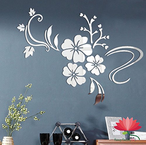 Fancy Decor(TM)Silver Multi-pieces Panels Large Flower Vine Closet Acrylic Decor DIY Mirror Surface Effect 3D Wall Stickers Home Decoration Decor Mural Decal adesivo de parede Removable