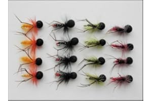 TROUTFLIES UK DY FLIES Bobby Hopper - Lot de 16 mouches pour pêche à la truite - Olive, noir, bordeaux et orange - Taille 10/12
