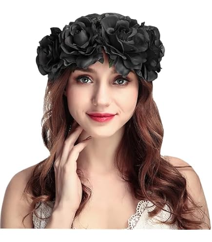 LICHENGTAI Cerchietto Halloween Con Velo Nero E Fiori - Copricapo Floreale Per Donna - 3