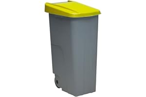 Contenedor de Residuos Reciclo 110L Amarillo con Tapa Cerrada y Ruedas Grandes – Plástico Resistente, Encajable y Ergonómico, Ideal para Envases Ligeros y Reciclaje | Denox