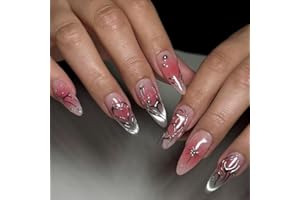 MouyouGlow Press on Nails krótkie paznokcie, róża migdałowa 3D, gwiazdki, serce, metaliczne, nieregularne, srebrne linie, migdał Y2k, sztuczne paznokcie, różowe srebrne paski, na lato INS