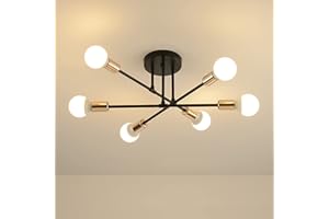 Hudi Fyier Modern Chandelier Light Fixtures, 6 Lights Modern Semi Flush Mount Ceiling Light, Chandelier Lighting for Living Room Bedroom Dining Room Kitchen Office (Black with Gold)