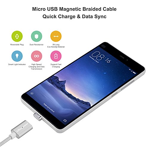 Mbuynow 3A C  ble Micro USB Magn  tique en Nylon Tress   C  ble Chargeur et Donn  es Synchronisation Magn  tique C  ble de charge Aimant   pour Android divers  Samsung Galaxy S4  S5  S6  S6 Edge  S7  Note  LG  HTC et Sony  etc - Argent