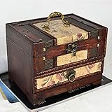 LEENY Retro Hölzern Handgefertigt Schmuckkasten,Schmuckkoffer mit Schubladen,Schmuckbox mit Spiegel und Schloss,für Ringe, Armbanduhren,Ohrringe,Halsketten, Schatullen Zubehör Schmuckschatulle,B