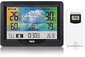 FANJU Wetterstation Funk mit Außensensor, Funkwetterstation mit Wettervorhersage, Digital Farbdisplay Innen und Außen Thermometer Hygrometer, Barometer und Mondphase (Black)