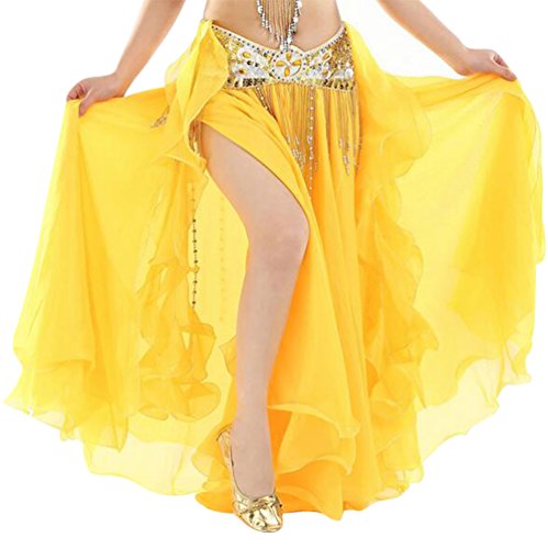 YuanDian Mujer Profesional Color Sólido Gasa Danza Del Vientre Alta Falda de Hendidura Swing Maxi Falda Ropa Danza Moderna Amarillo(Sin incluir el cinturón)