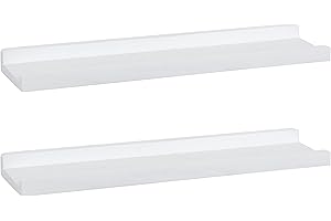 PHOENANCEE 60cm Solid Wooden Picture Ledge Shelf, Photos Display Shelf, Long Decorative Floating Shelves With Lip For Living Room,Kitchen,Bedroom, Set of 2, Rustic White