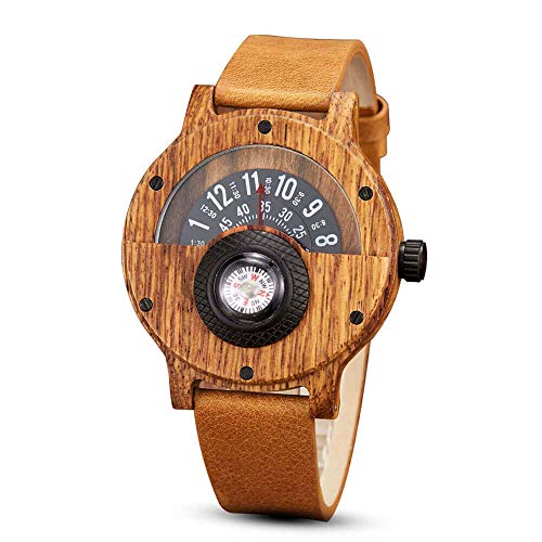 Men's Wood Watch Leather Band Turntable Wooden Watches Men Compass Sports Quartz Watch