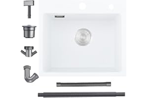 Bokaiya White Kitchen Sink, 55x45cm Quartz Composite Kitchen Waste Kit, Drop in Topmount Single Bowl, Small Sink with 2 Tap Holes and Siphon, Overfolw, Suitable for Workstation