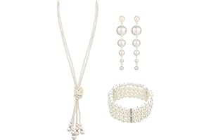 MIVAIUN 3 Piezas Juego de Joyas de Perlas de Plástico,Juego de Perlas de Los Años 20,Pendientes de Perlas,Pulsera de Perlas,Collar de Perlas de los años 20,Joyería de Perlas para Mujer
