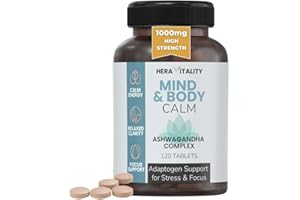 Mind & Body Calm – Ashwagandha Complex 1000mg | Adaptogenic Balance for Calm Energy, Focus & Relaxation | Natural Stress & Anxiety Support & Daily Wellness | 120 Vegan Tablets | HERA VITALITY