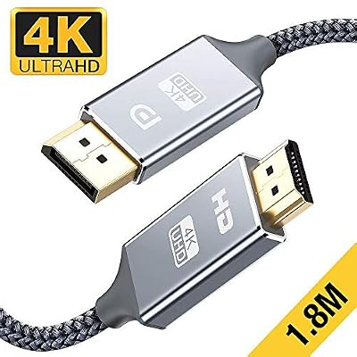 Snowkids Câble DisplayPort vers HDMI -1,8m 4K UHD Adaptateur Display Port vers HDMI - -Nylon tressé doré Non bidirectionnel DP to HDMI Ports Câble Compatible avec Dell, Lenovo,HP