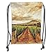 Produktbild OQUYCZ Drawstring Sack Backpacks Bags,Farm House Decor,Grape Valley Clouds Over Vineyard Natural Fruit Plantation in Autumn Garden Theme,Green Brown Soft Satin,5 Liter Capacity,Adjustable STRI