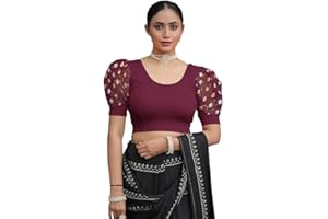 Jaanvi fashion Damen-Saree mit Rundhalsausschnitt, Lycra, dehnbar, Puffärmel, fertig konfektioniert (Diwali Special)