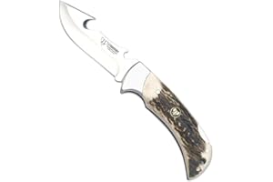 CUDEMAN ALBACETE Navaja Cudeman 370-CF Hoja de Acero MoVa 1.4116 de 9 cm y empuñadura de asta de Ciervo Pulido de 11,5 cm con Funda de Cuero para Caza, Pesca, Supervivencia y bushcraft + Portabotellas Regalo