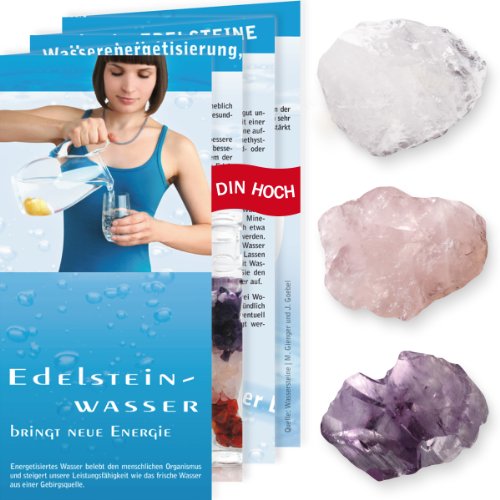 Preisvergleich Produktbild Wassersteine Set Grundmischung - Amethyst, Bergkristall, Rosenquarz Rohsteine 100gr + Edelsteinwasser Broschüre + 3 Edelsteinkarten