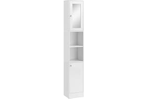 kleankin Armario Alto para Baño con Espejo Mueble Columna de Baño Madera con 2 Estantes Abiertos 2 Puertas y Baldas Interiores Ajustables 30x28x180 cm Blanco