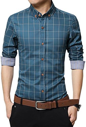 Gfirmament Men's Cotton Long Sleeve Plaid Slim Fit Casual Snap Buttons Plaid Dress Shirts (UK~ L--Asia 2XL, Teal)