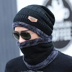 Ablue clipper Woolen Beanie/Skull Cap & Neck Warmer (Muffler) Combo for Winters with Faux Fur Inner Side |Warm Hat| Hedging Hat Scarf Set | Winter Cap | Air Proof Cap | Woolen Cap | Ear Warmer