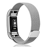 KZKR Uhrenarmband Uhr Armband Edelstahl für Fitbit Charge 2 Rosa-Gold Armbänder Milanese Ersatzband mit Magnetic Verschluss Armband für Fitbit Charge 2 Größe L B041-SILVER-L