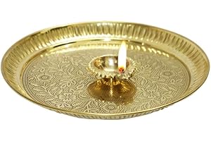 BRACOP® Brass Pooja Thali Hindu Aarti Thali Pooja Samagri Home Decorative Embossed Serving Plate Puja Plate Religious Items Temple Accessories Round Platters Gifts Set Of 3 Pcs Hindu Gift