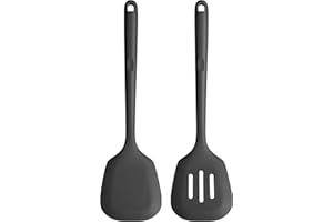 U-Taste Espátula de silicona extra larga: Espátula de cocina sólida y ranurada resistente al calor hasta 315 ℃, aleta de cocina para freír panqueques pescado (Negro, 2 piezas)