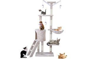 ICOCO Cat Scratching Post 143 cm Cat Tree Multi-Level Stable Cat Tower Cat Scratching Post with Bed,Cat Bed Cat Climbing Frame with Ladder,Pet Activity Furniture Play House for Indoor Cats,Beige