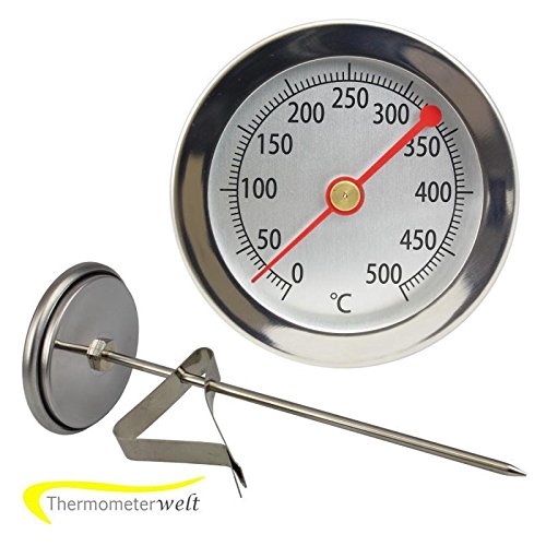 Edelstahl 500 °C Grad Thermometer Wasserdicht mit Clip , Bratofen , Backofen , Pizzaofen , Holzofen , Holzbackofen , Ofenthermometer Analog und Bimetall