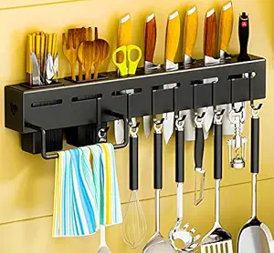 VRPRIME Kitchen Accessories Knife Holder | Towel Hanger | Spatula Pots Hanging 6 Hooks | Cutlery Spoon Fork Holder Storage Rack | Carbon Steel Modern Design Large Capacity Organiser (Black)