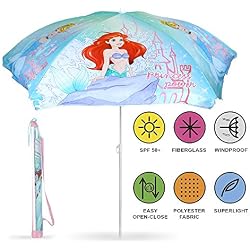 PERLETTI Parasol Bleu Enfants Princesses Disney - Plage Patio Jardin Balcon et Piscine avec Cendrillon et Ariel - Résistant au Vent - Hauteur réglable - Haute Qualité - Diam 125 cm - Indice UV 50