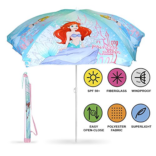 PERLETTI Parasol Bleu Enfants Princesses Disney - Plage Patio Jardin Balcon et Piscine avec Cendrillon et Ariel - Résistant au Vent - Hauteur réglable - Haute Qualité - Diam 125 cm - Indice UV 50